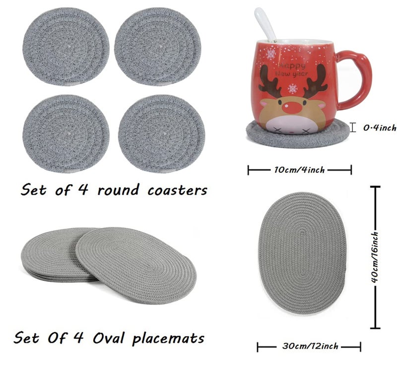WENFOME 4 Pack Oval Woven Placemats, Gray Cotton Rope Braided Placemats with 4 Pack Round Fabric Coasters, Heat-Resistant Non-Slip Cotton Table Mats Charger Plates for Table Decoration (Gray) - Image 3